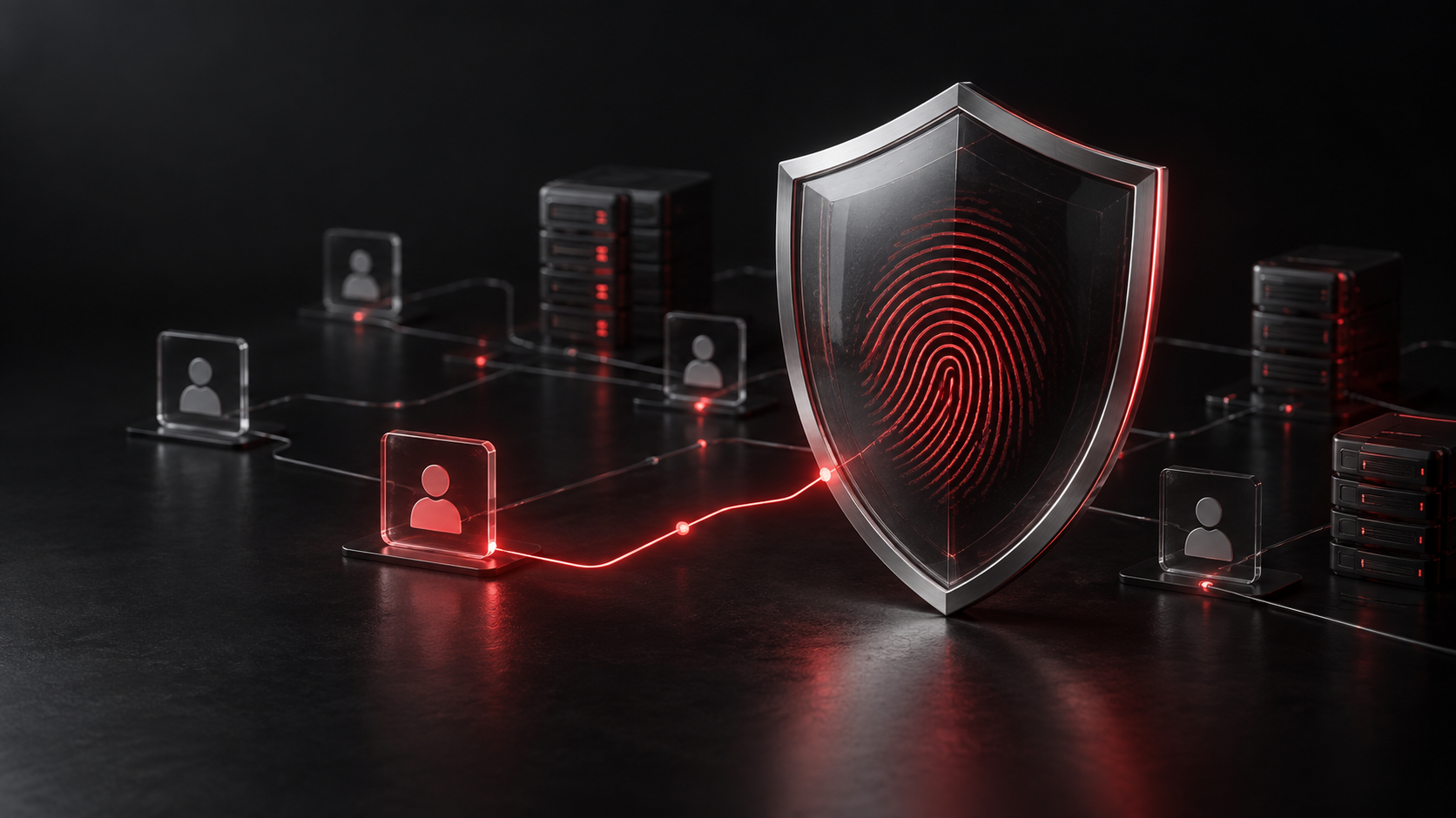 Red-lit identity shield connecting user accounts and servers